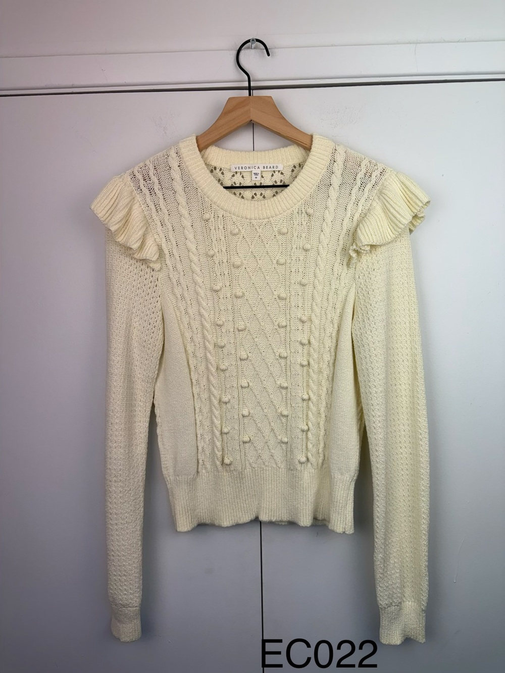 Veronica Beard Earl Ruffled Cable Knit Sweater Ivory M
